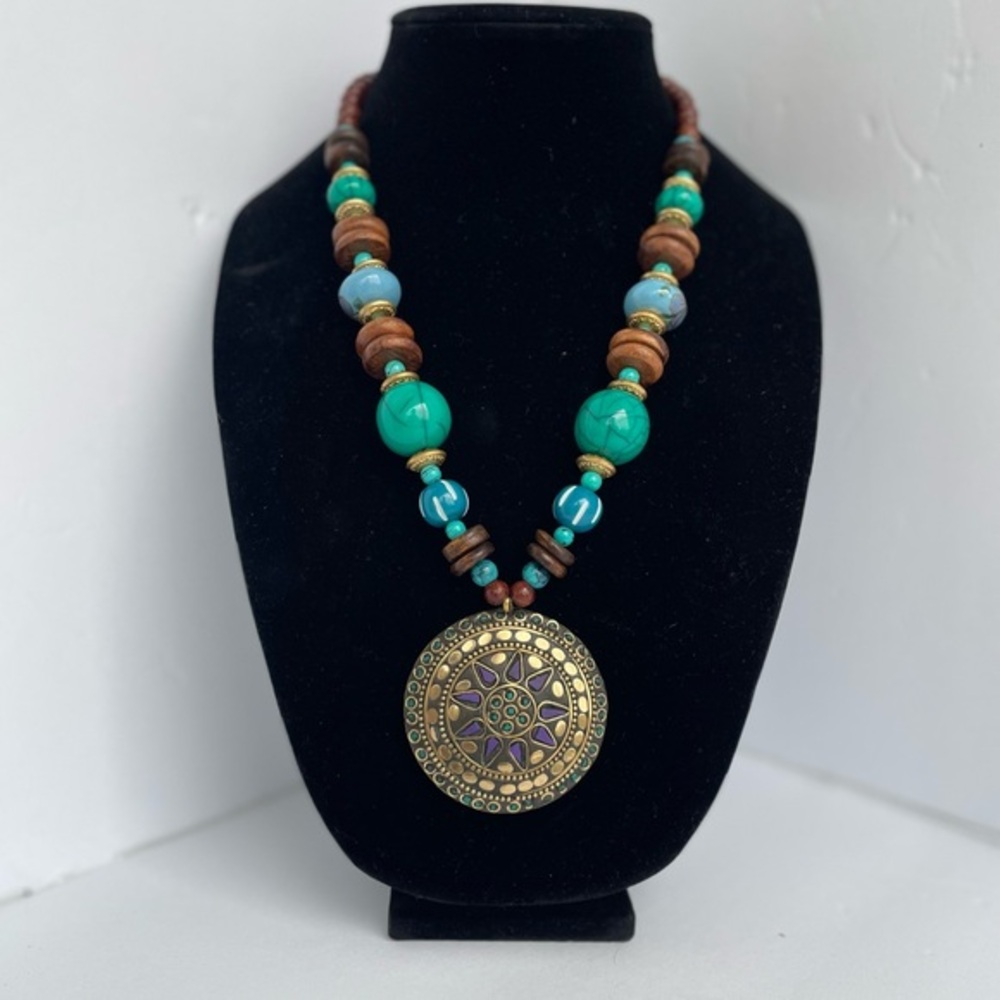 Boho Turquoise & Wood Bead Pendant Necklace - Unbranded